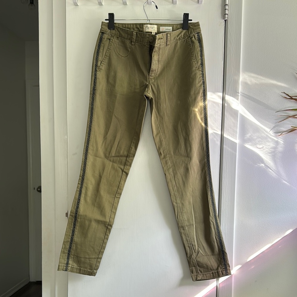 Anthro Olive Green Straight-Leg Pants with Side Trim
